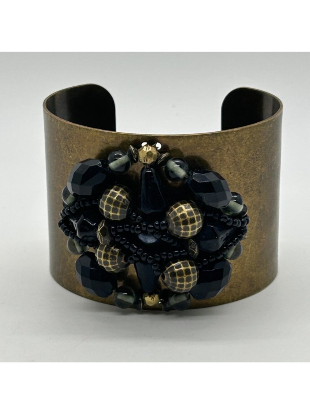Vintage Brass Wide Cuff Bracelet Black Gold Beaded Cluster Boho Statement - Picture 11 of 11